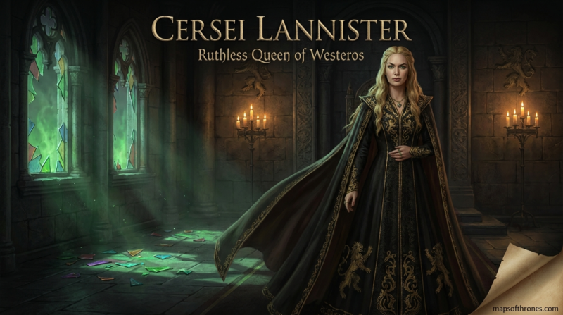 CERSEI LANNISTER STANDING IN A MYSTICAL ROOM