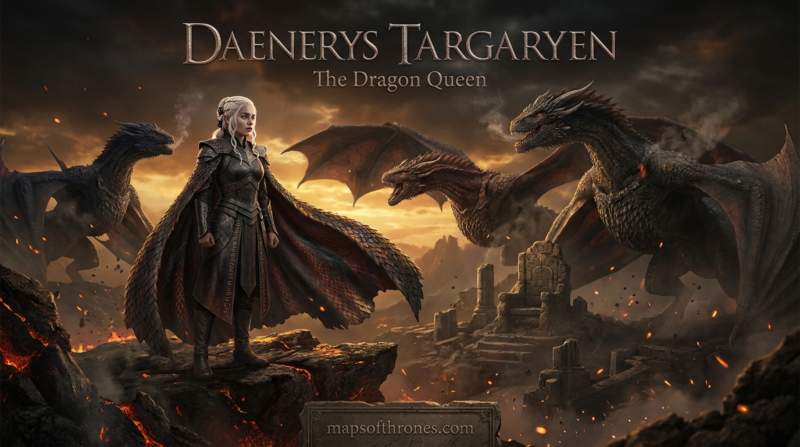 DAENERYS TARGARYEN STANDING WITH HER DRAGONS