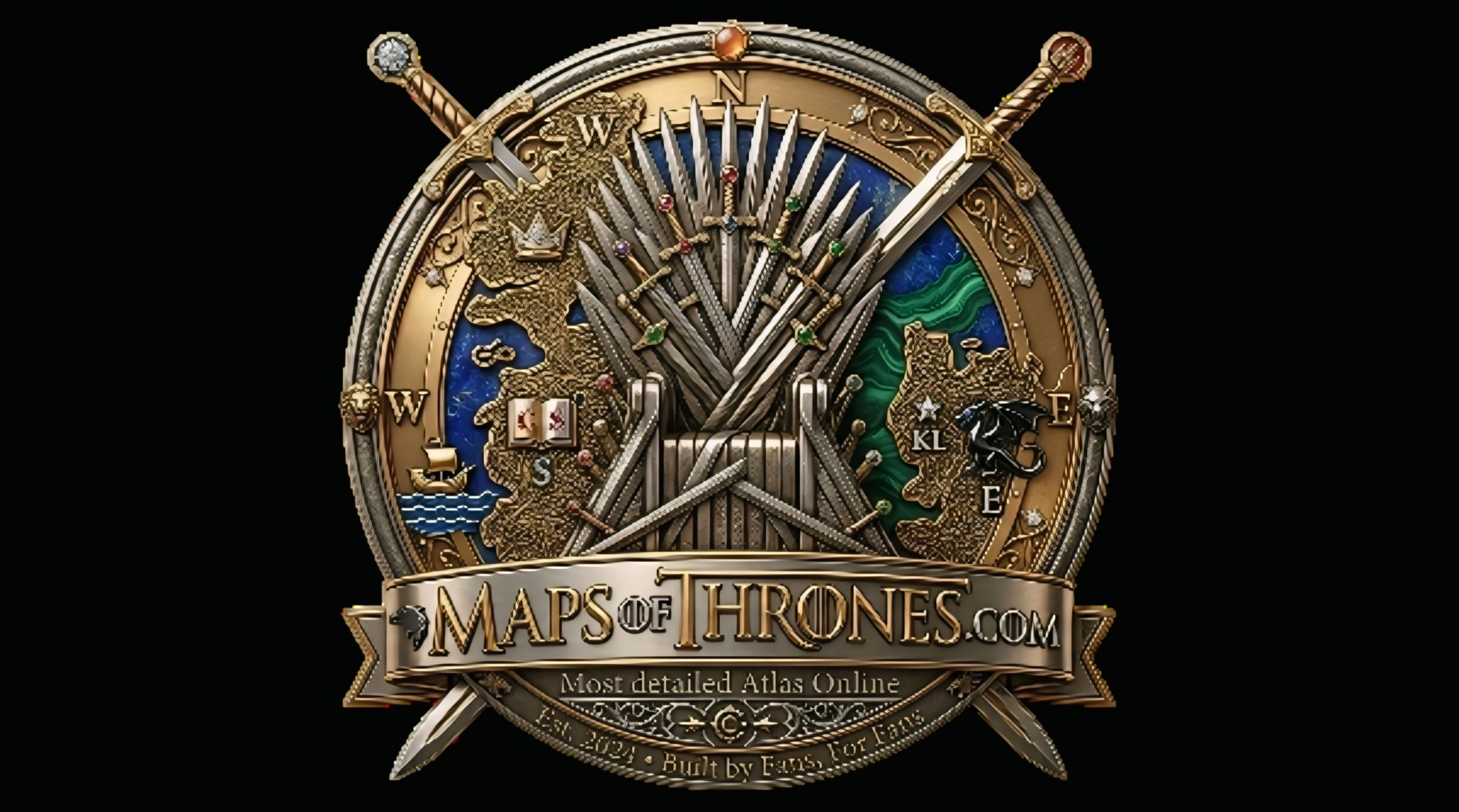 Maps of thrones sigil displaying iron thone and all houses sigil and websites url mapsofthrones.com