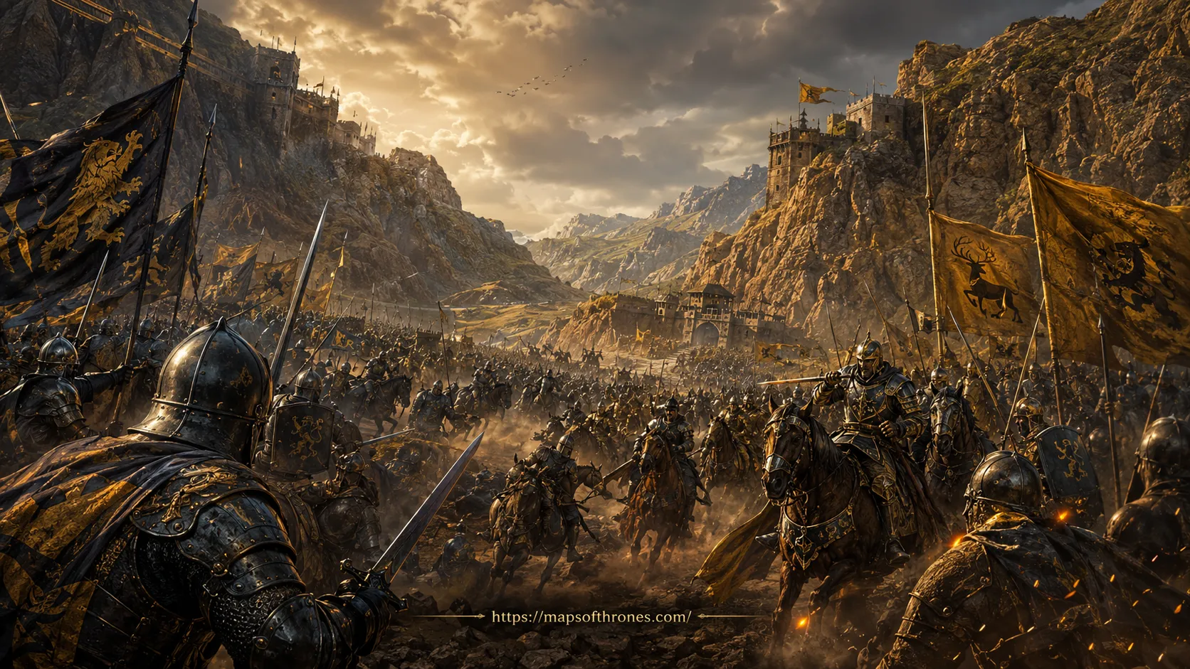 Battle of the Golden Tooth showing medieval armies fighting at a strategic mountain pass surrounded by golden cliffs and fortified defenses.