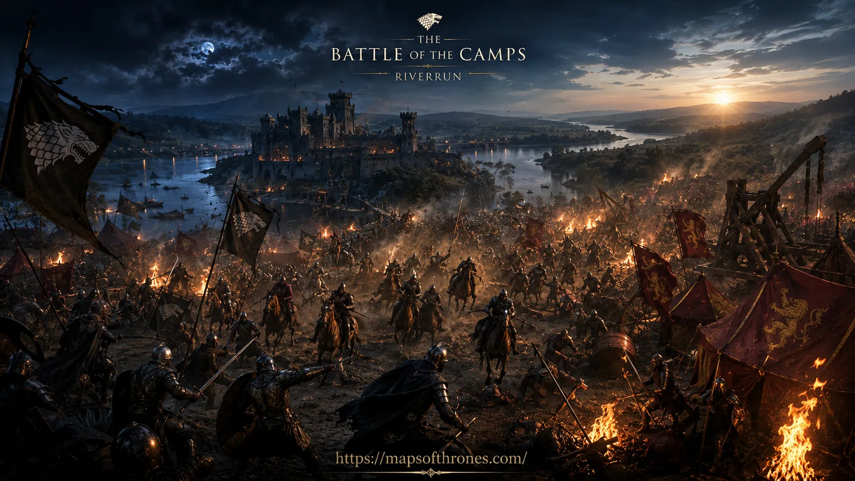 Battle of the Green Fork showing Tywin Lannister's army fighting Roose Bolton's northern forces beside the Green Fork river.