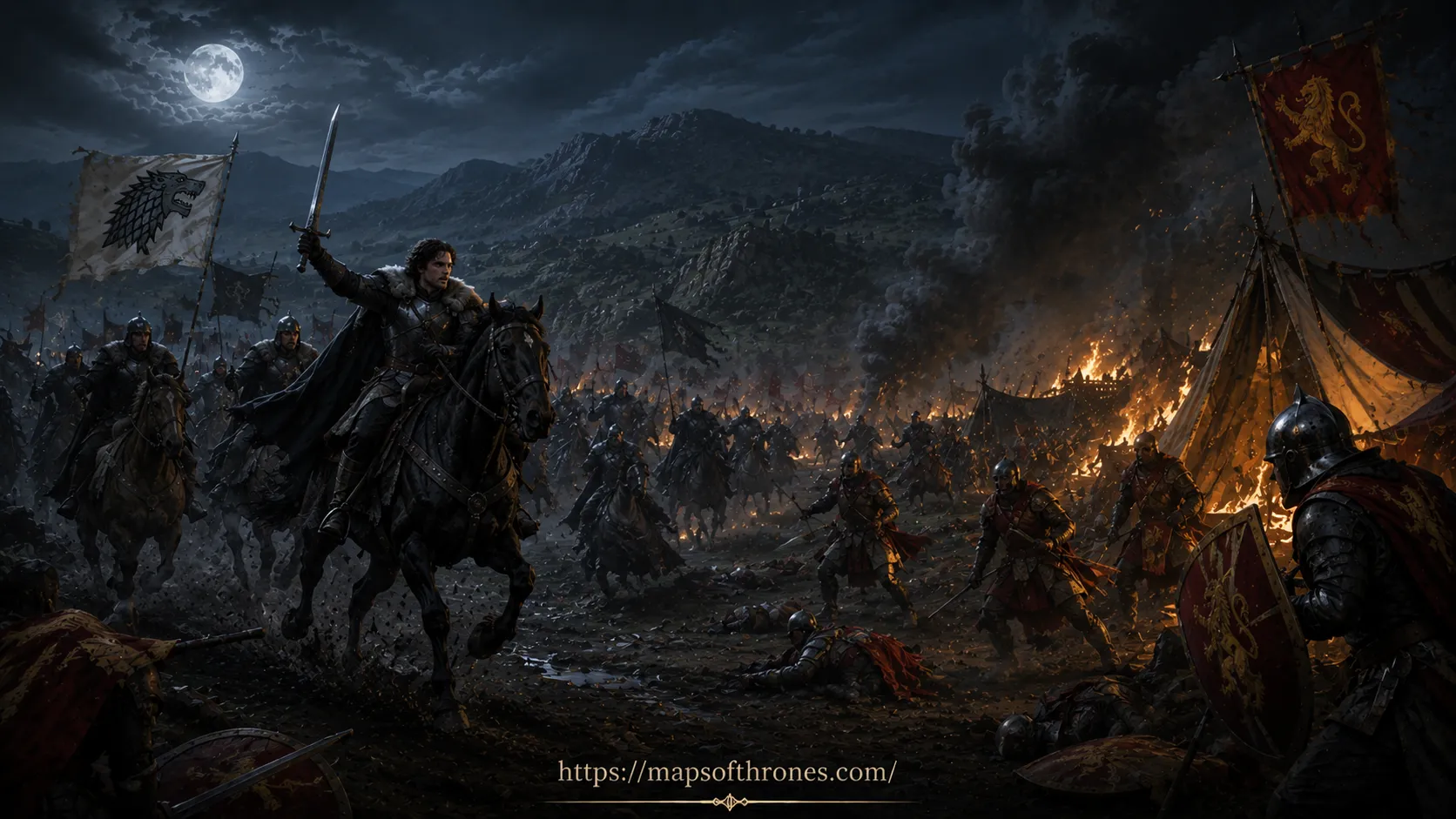 Battle of Oxcross depicting Robb Stark's northern cavalry launching a surprise attack on a Lannister camp in the Westerlands.