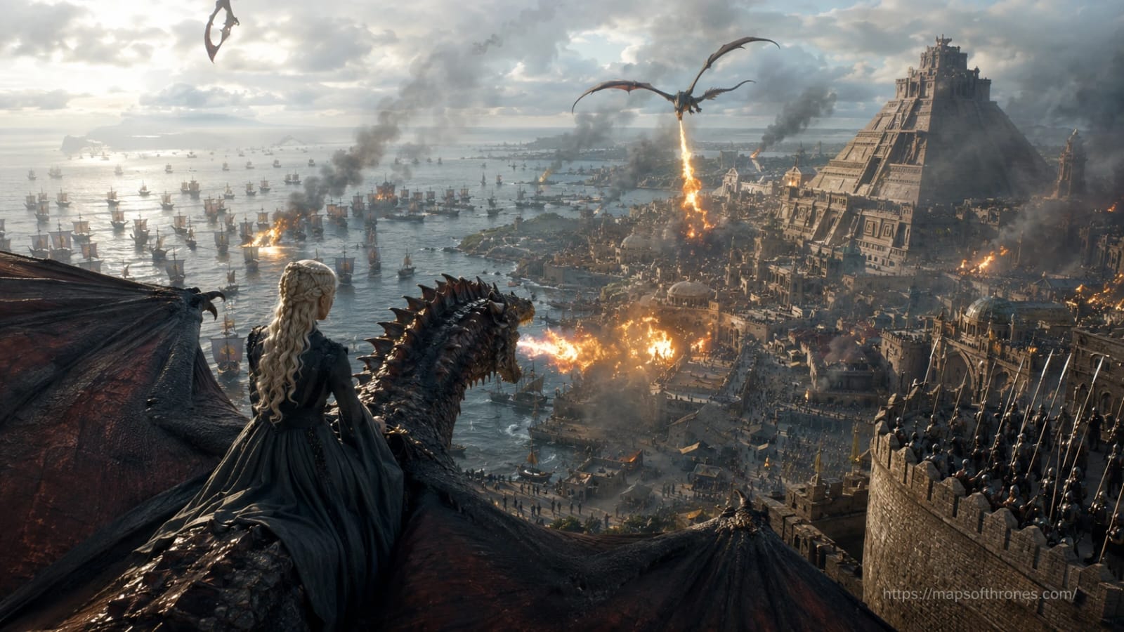 Siege of Meereen in Game of Thrones showing Daenerys Targaryen and her dragons destroying the attacking slave masters' fleet above the city of Meereen